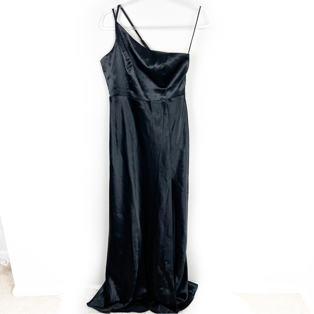 Birdy Grey floor length shiny satin one shoulder lace tie-up back gown size: S